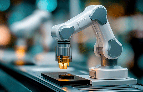 Robotické rameno pracujúce na montážnej linke inteligentnej výroby, s voľným priestorom na text. Robotické rameno vykonáva presnú operáciu na komponente v modernej automatizovanej výrobnej linke inteligentnej továrne. Priemyselná technológia, obraz vytvorený umelou inteligenciou.
