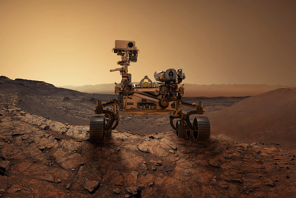 Mars 2020 – rover Perseverance skúma povrch Marsu. Misia rovera Perseverance zameraná na prieskum červenej planéty. Prieskum vesmíru, vedecký koncept. Prvky tohto obrázka poskytla NASA.