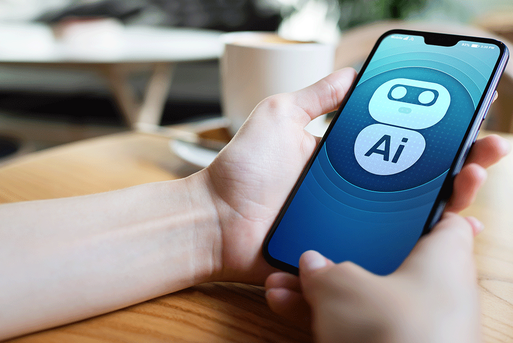 Ikona robota na obrazovke mobilného telefónu znázorňujúca umelú inteligenciu, hlboké učenie a technológiu strojového učenia.