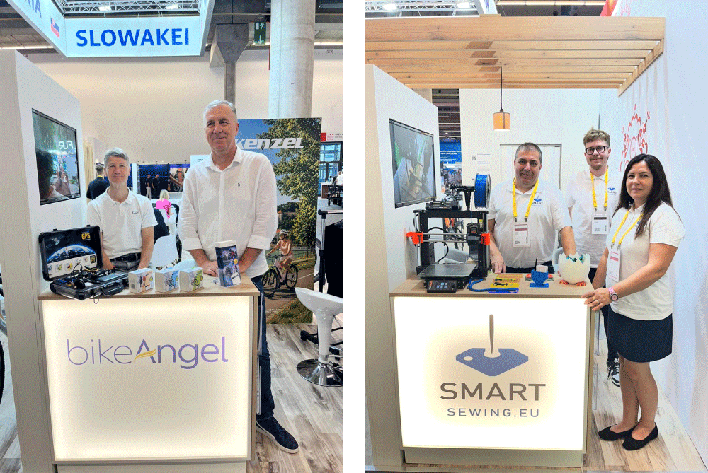 Zástupcovia slovenských spoločností BikeAngel a Smart Sewing pri prezentácii svojich produktov a technologických riešení v rámci národného stánku Slovenskej republiky na veľtrhu EUROBIKE 2026 vo Frankfurte nad Mohanom.