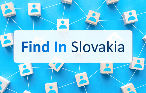 Vizualizačný banner platformy „Find In Slovakia“ s prepojenými ikonami profilov na drevených kockách, symbolizujúcimi networking a obchodné prepojenia. Názov platformy je umiestnený v strede.
